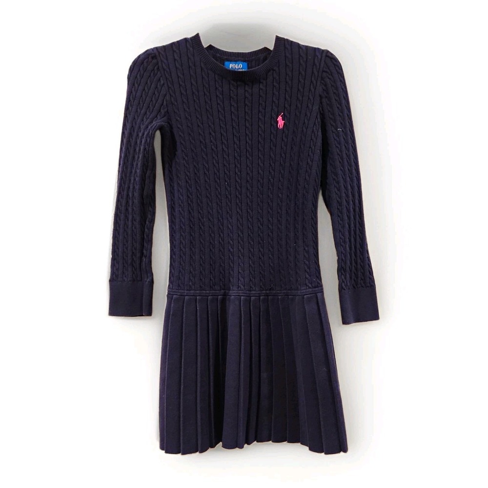 Polo Ralph Lauren Mini-Cable Pleated Cotton Sweater Dress Girls M (8-10) Preppy